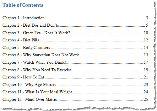 Lose 10 Pounds - Table of Content Screenshot